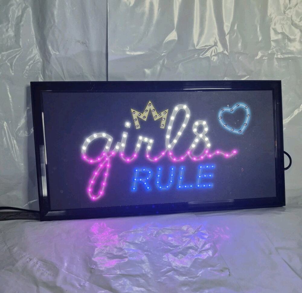 Girls Rule LED Sign Wall Art Light Up Wall Decor 19” x 10" Heart $ Crown Blink